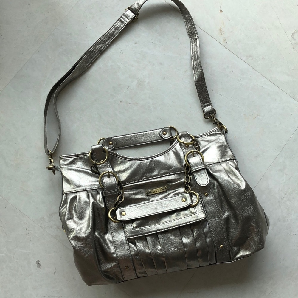 Timi & Leslie Taupe & Gold Patent Diaper Bag